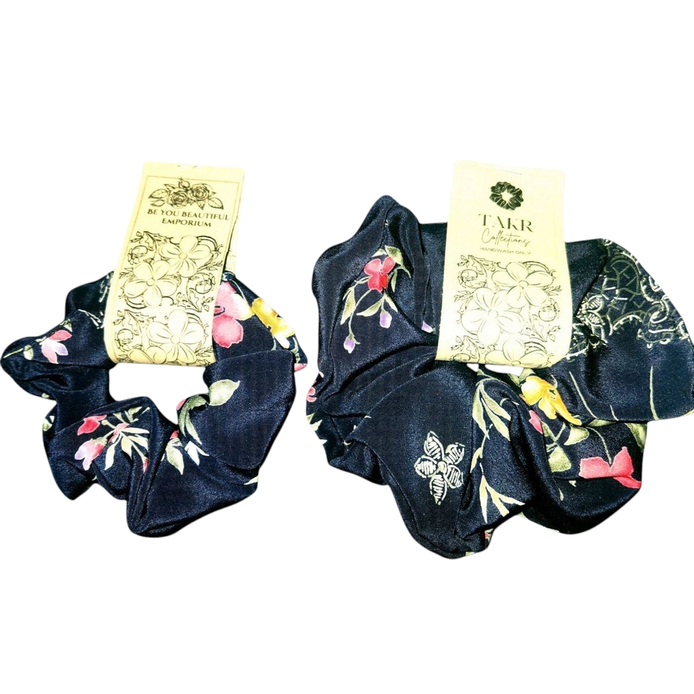 Floral Scrunchie - Navy Blue. 2-Pc. Set. Item No. S-103. - Picture 2 of 11